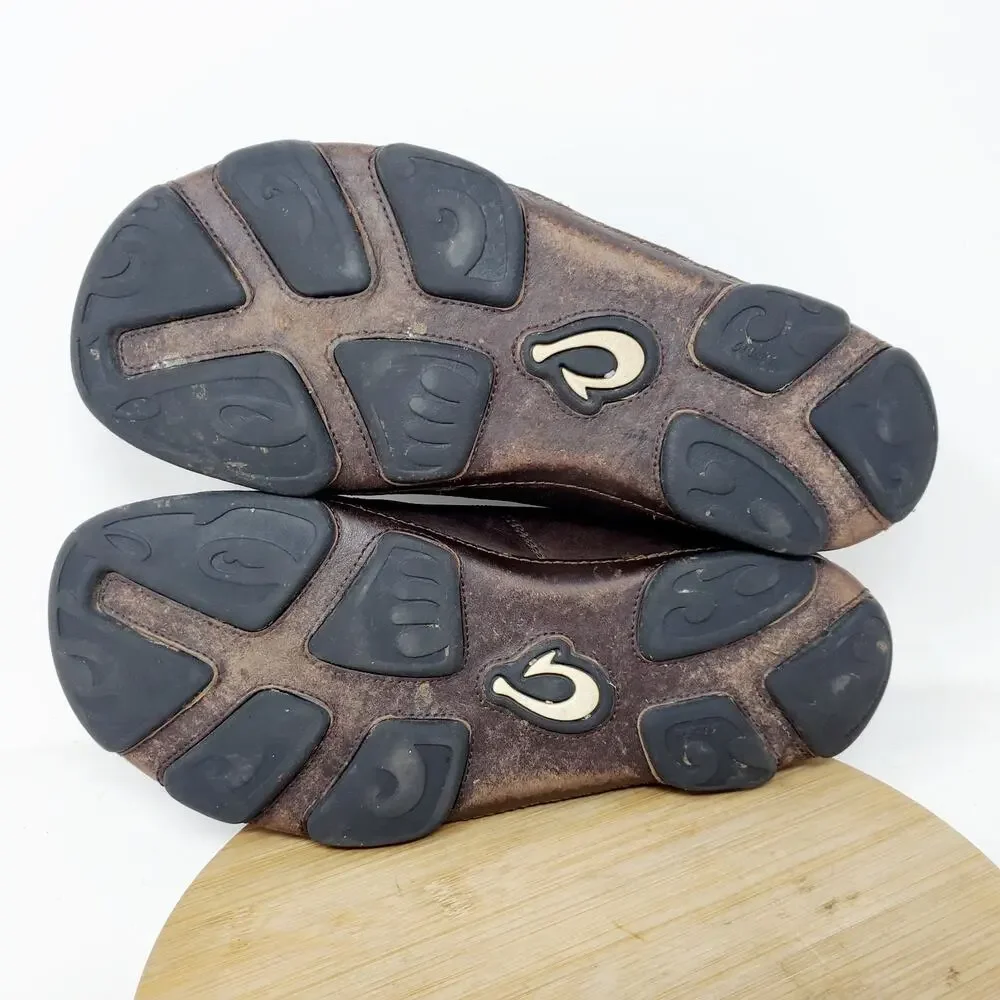 Olukai Hano Shoe Men 8.5 Brown Leather Oxford Slip On‎ Fold Down Heel WORN